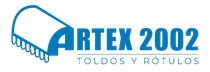 Logotipo de ARTEX 2002 en azul, con un toldo estilizado y el texto “TOLDOS Y RÓTULOS”.