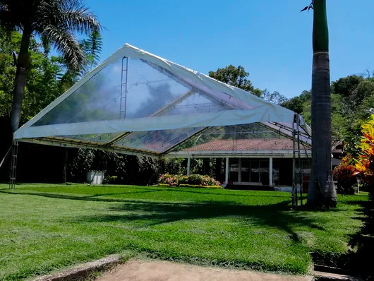 Un toldo triangular blanco cubre un césped con palmeras y un edificio al fondo.