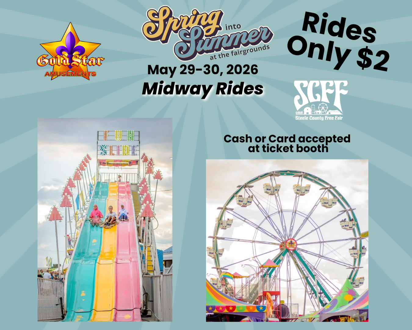 Spring Fling fair poster: rides only $2, May 29–30, 2026, with carnival ride photos and ticket booth info