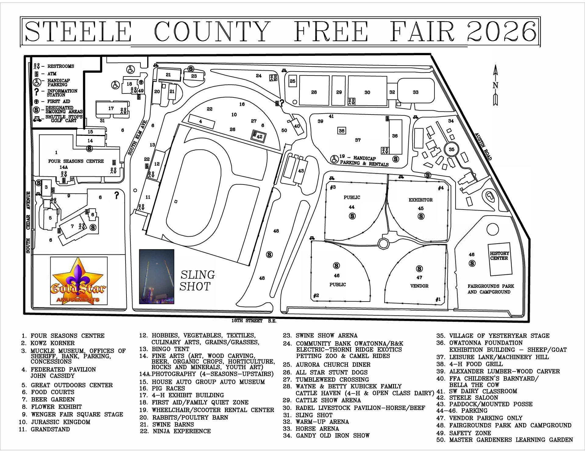 Steele County Free Fair 2025 map with buildings, sports fields, and attractions.