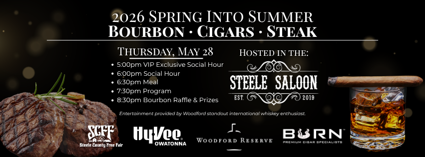 Western steakhouse promo: “2026 Spring Into Summer Bourbon & Cigar Steak” at Steel Saloon, with steak and bourbon.