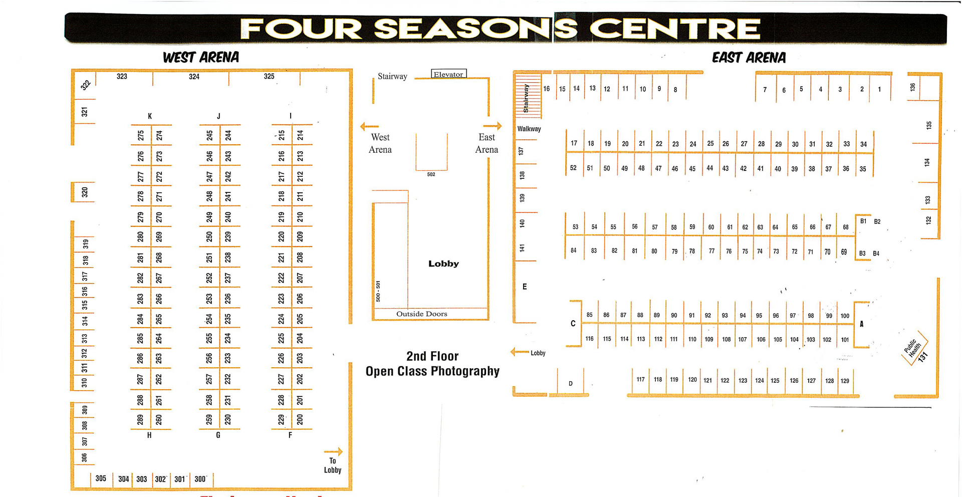 Seating chart for Four Seasons Centre, showing West and East Arenas; labeled sections and seat numbers.