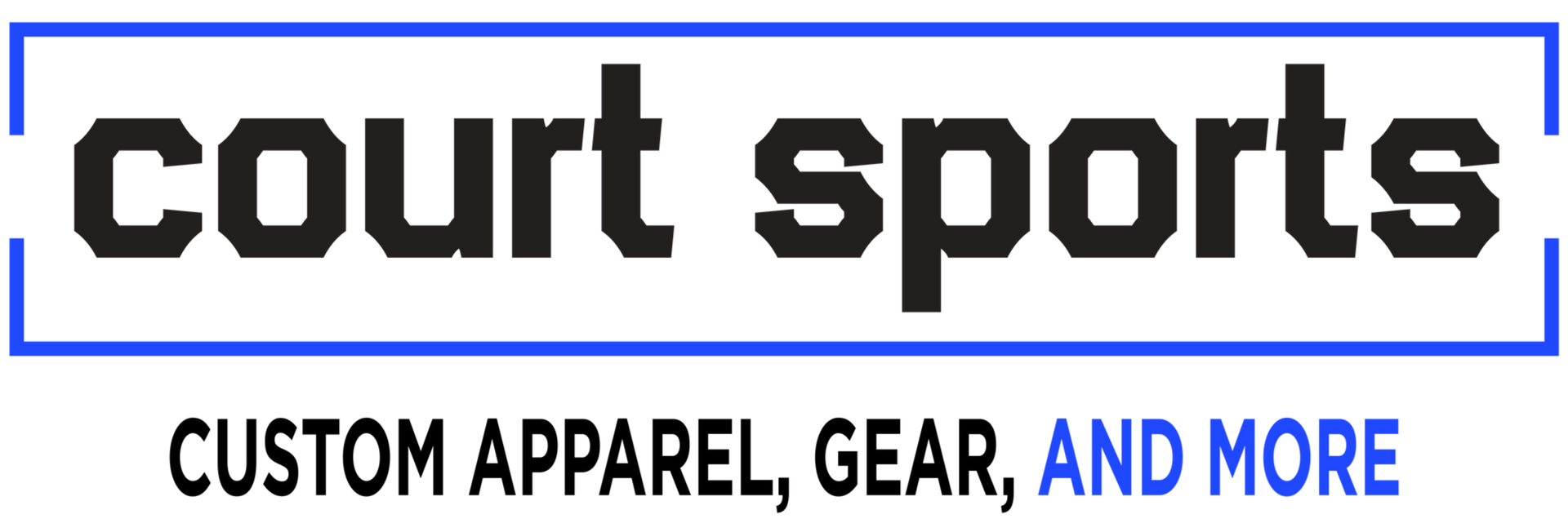 Court Sports logo with “CUSTOM APPAREL, GEAR, AND MORE” text in black, white, and blue