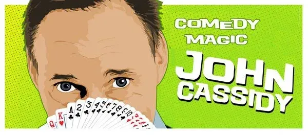 John Cassidy comedy magic promo with a man peeking over playing cards on a bright green background