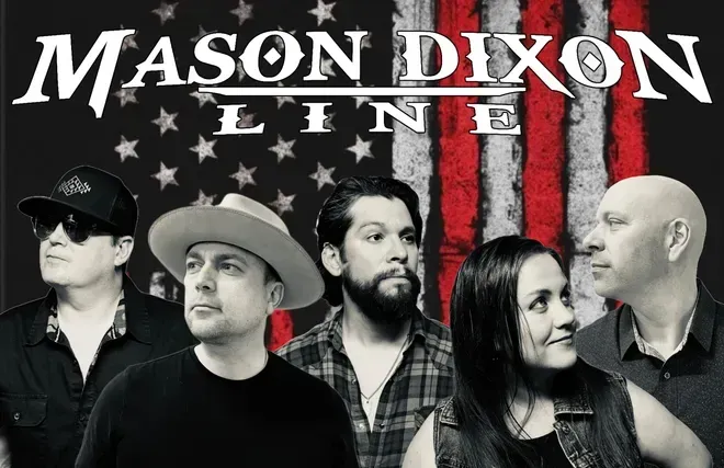 Mason Dixon Line band members posed in front of an American flag background with title text above.