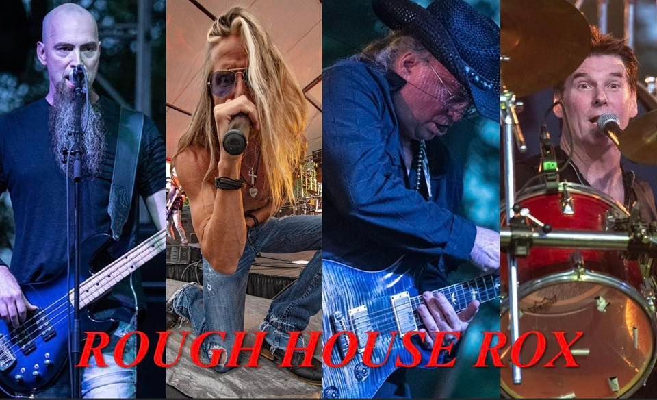 Rough House Rox band collage with four performers playing guitar, bass, drums, and keyboard under blue-red stage lights