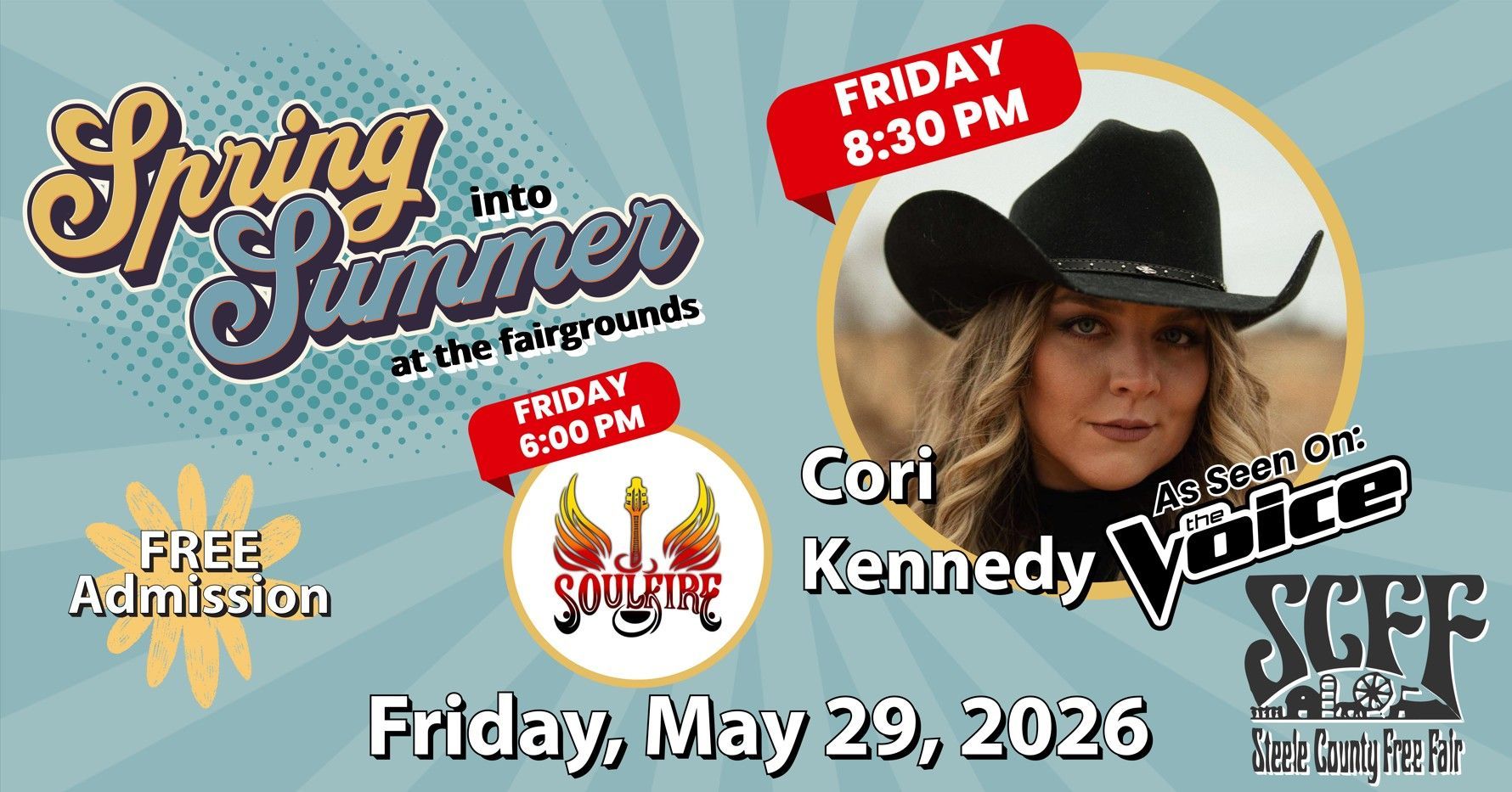Spring into Summer concert promo with Cori Kennedy, Friday May 29, 2026, free admission and SCFF logo