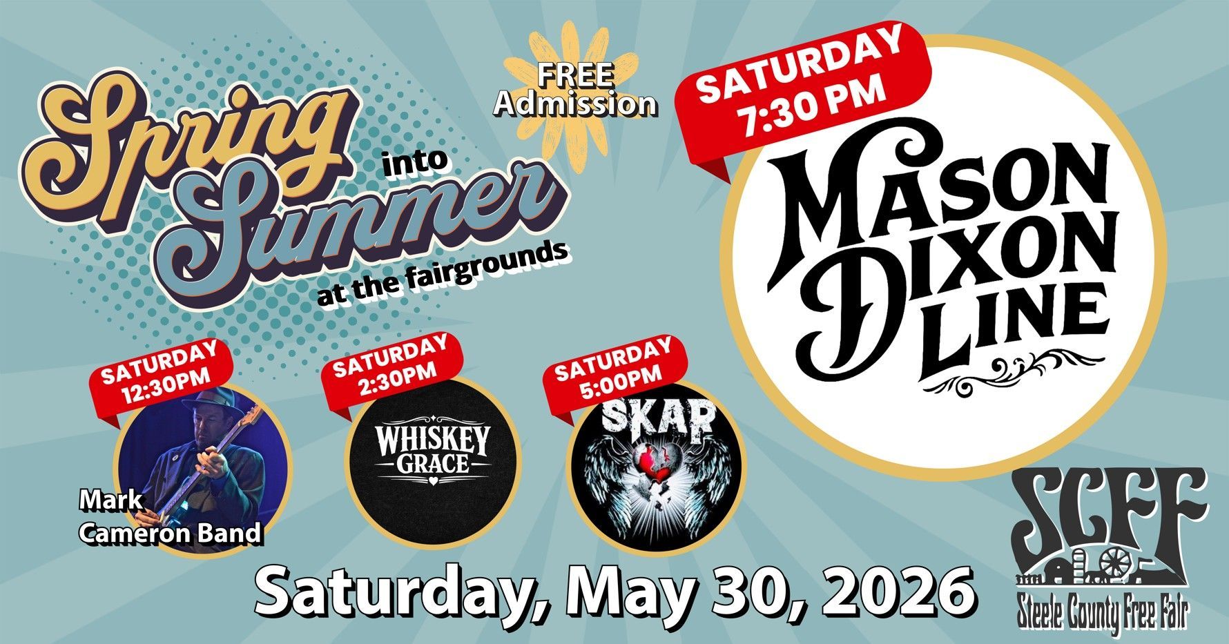 Spring into Summer concert poster with The Mason Dixon Line, Saturday May 30, 2026, SCFF logo