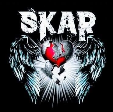 SKAR logo with white distressed text above a winged broken heart on black background