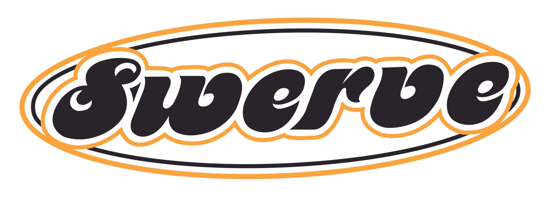 Swervy logo in black and orange script inside an oval outline