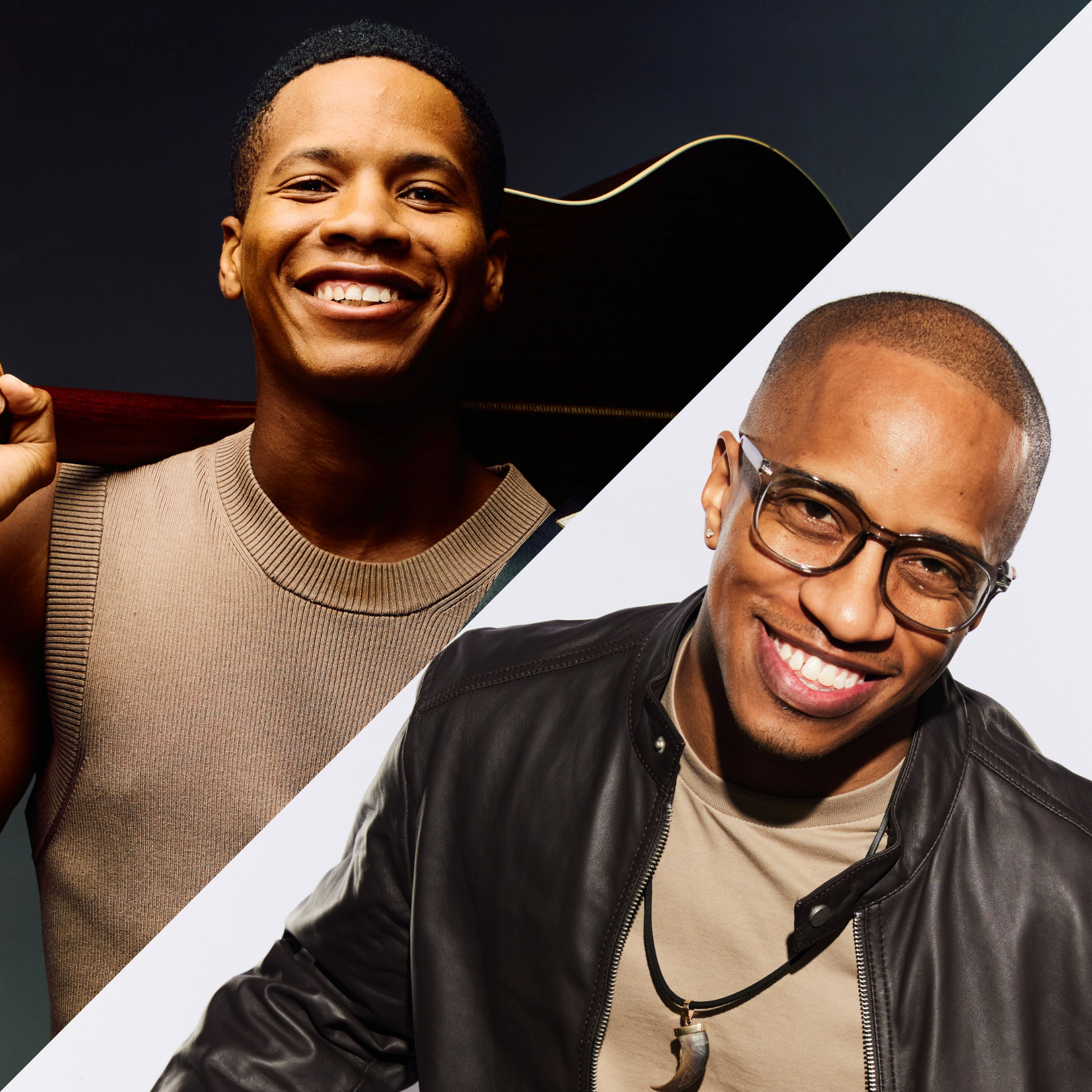 Two smiling people posing with a guitar on a dark background