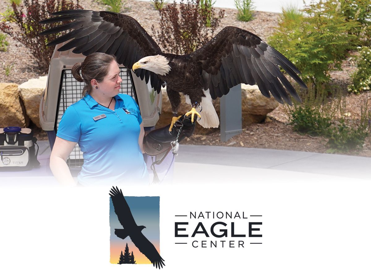 Woman with a bald eagle at the National Eagle Center booth