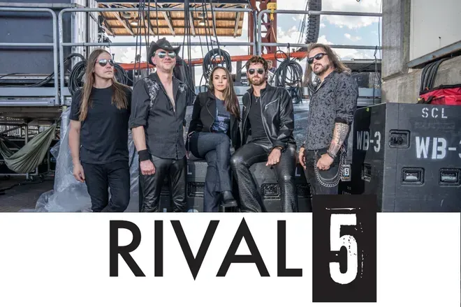 Five band members in black outfits stand in an industrial setting beneath the text “RIVAL 5.”
