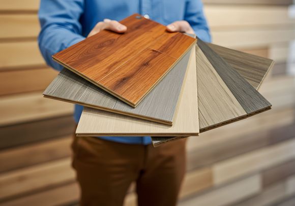 Person holding a fan of wood and laminate flooring samples indoors