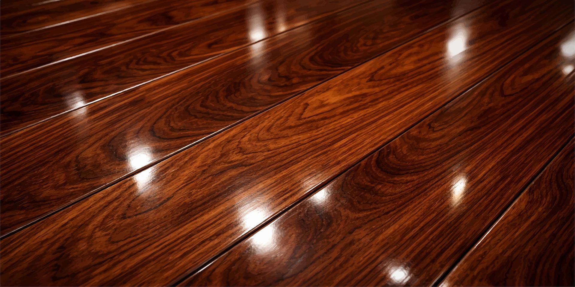 Close-up of glossy, dark brown hardwood flooring with wood grain visible. Glossy reddish-brown hardwood floor with bright light reflections