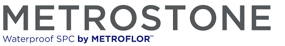 METROSTONE logo with “Waterproof SPC by METROFLOOR” in gray and teal text