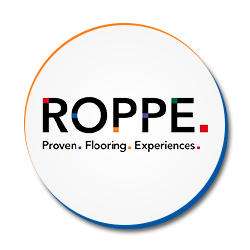 ROPPER logo with “Proven. Flooring. Experiences.” on a white circular badge with orange and blue accents