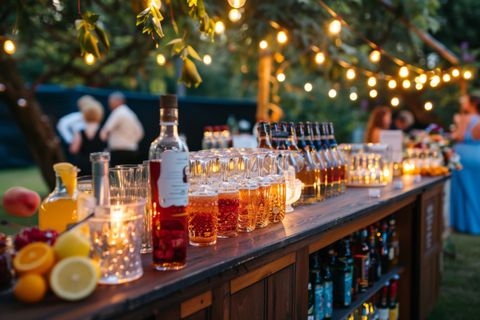 A wooden bar filled with bottles and glasses of alcohol.