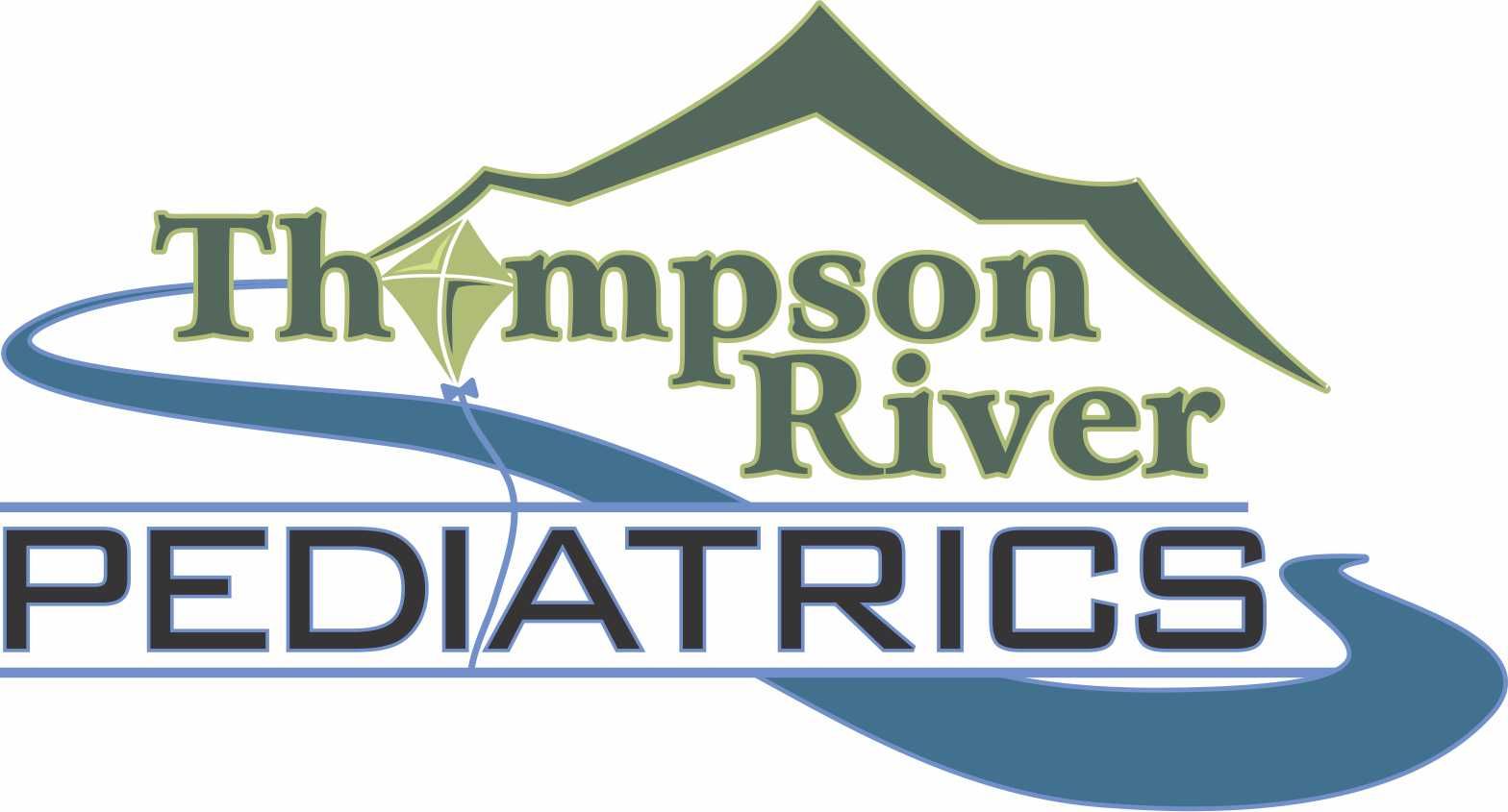 Thompson River Pediatrics logo: mountain, kite, and river with business name.