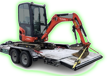 Red excavator mounted on a trailer, with a lime-green outline on a white background