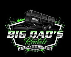 Big Dad&rsquo;s Rentals logo with a black dump trailer, neon green accents, and phone number 270-844-2355
