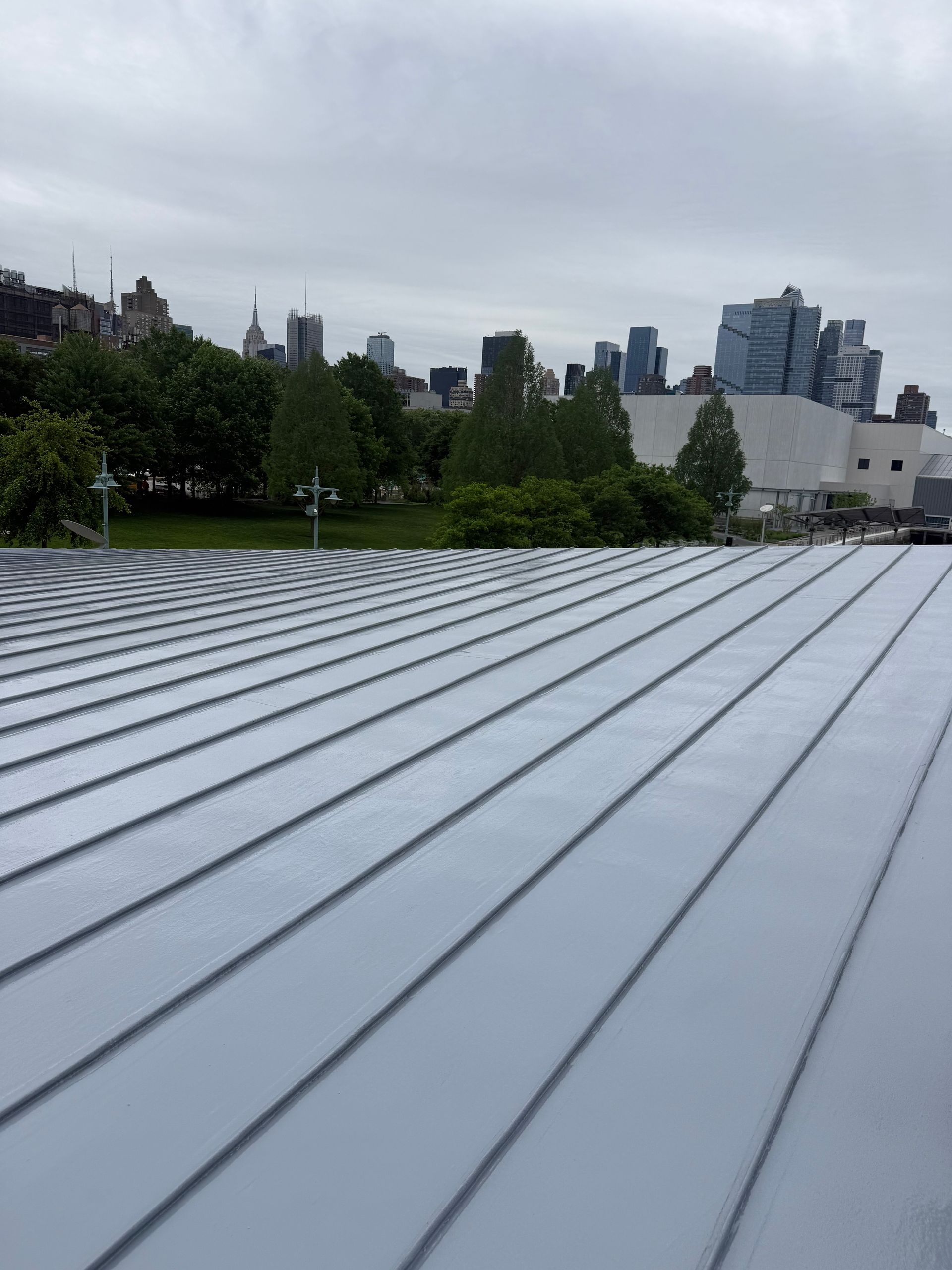 Gray metal rooftop with city skyline and trees under cloudy sky