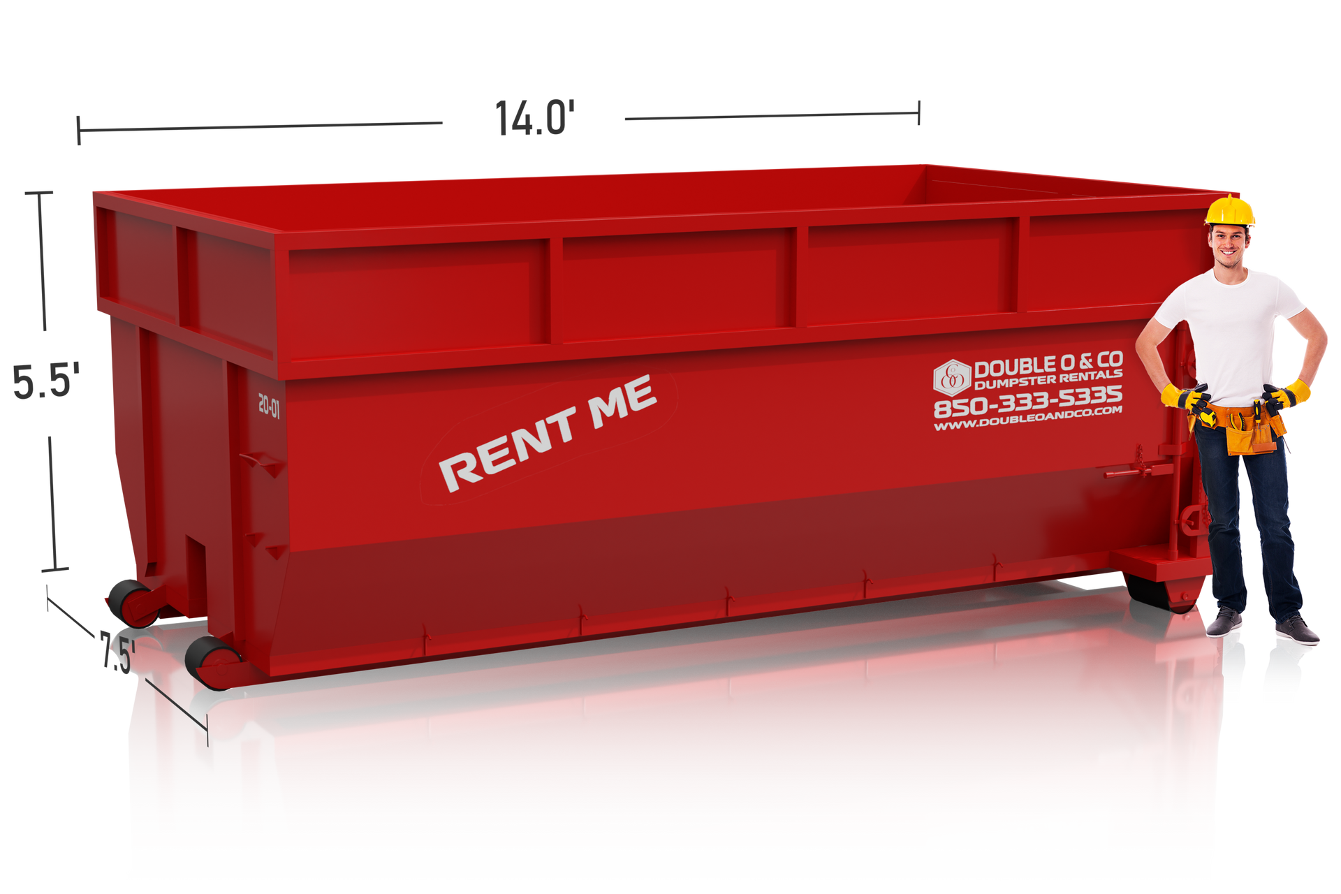20-yard Double O & Co roll off dumpster with dimensions and person for scale