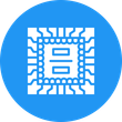 A blue circle with a white icon of a computer chip inside of it.