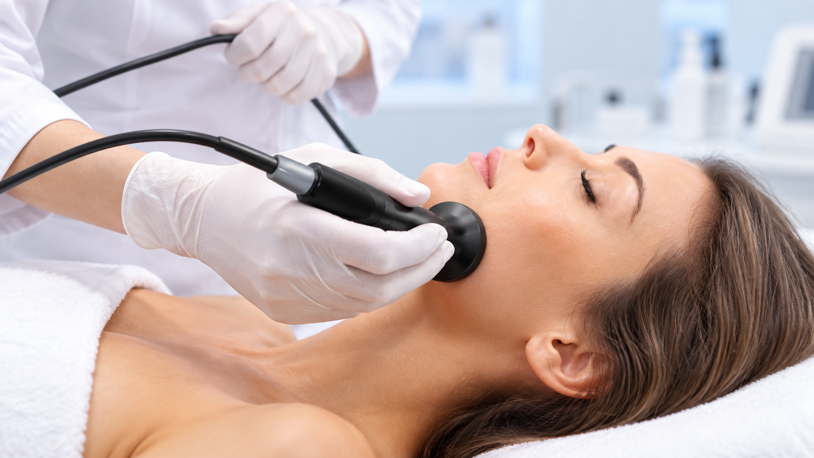 Uma mulher recebe um tratamento facial com um aparelho portátil num ambiente de spa.