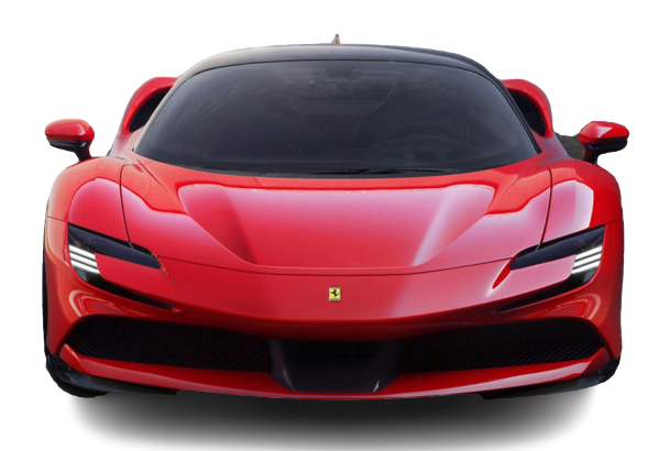 The front of a red ferrari sports car on a white background.