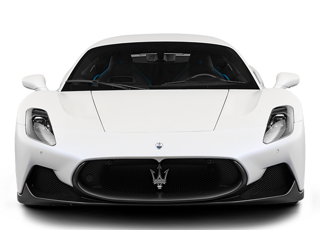 The front of a white maserati sport car on a white background.