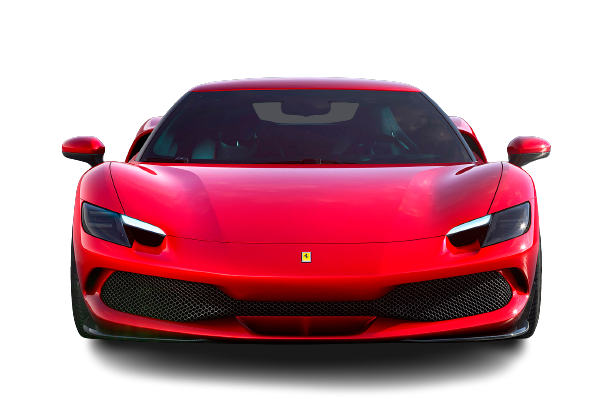 The front of a red ferrari sports car on a white background.