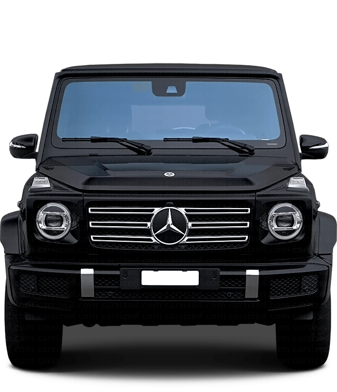 The front of a black mercedes benz g class suv on a white background.