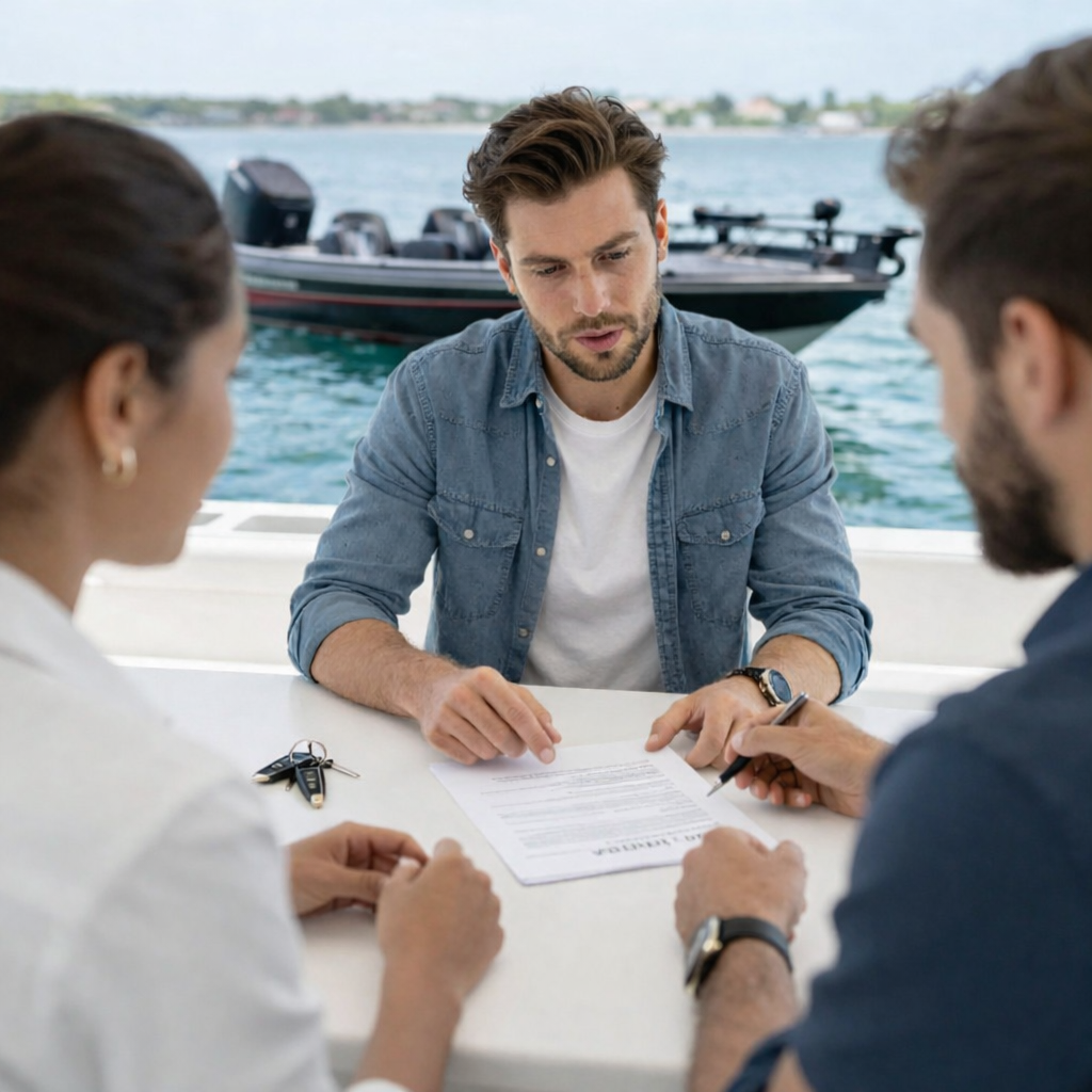 Three people review documents at a table on a boat, with water visible in the background.