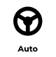 Black steering wheel icon above the word 