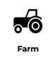 Black tractor icon above the word “Farm” on a white background