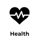 Black heart with a white ECG line above the word “Health” in black text on a white background
