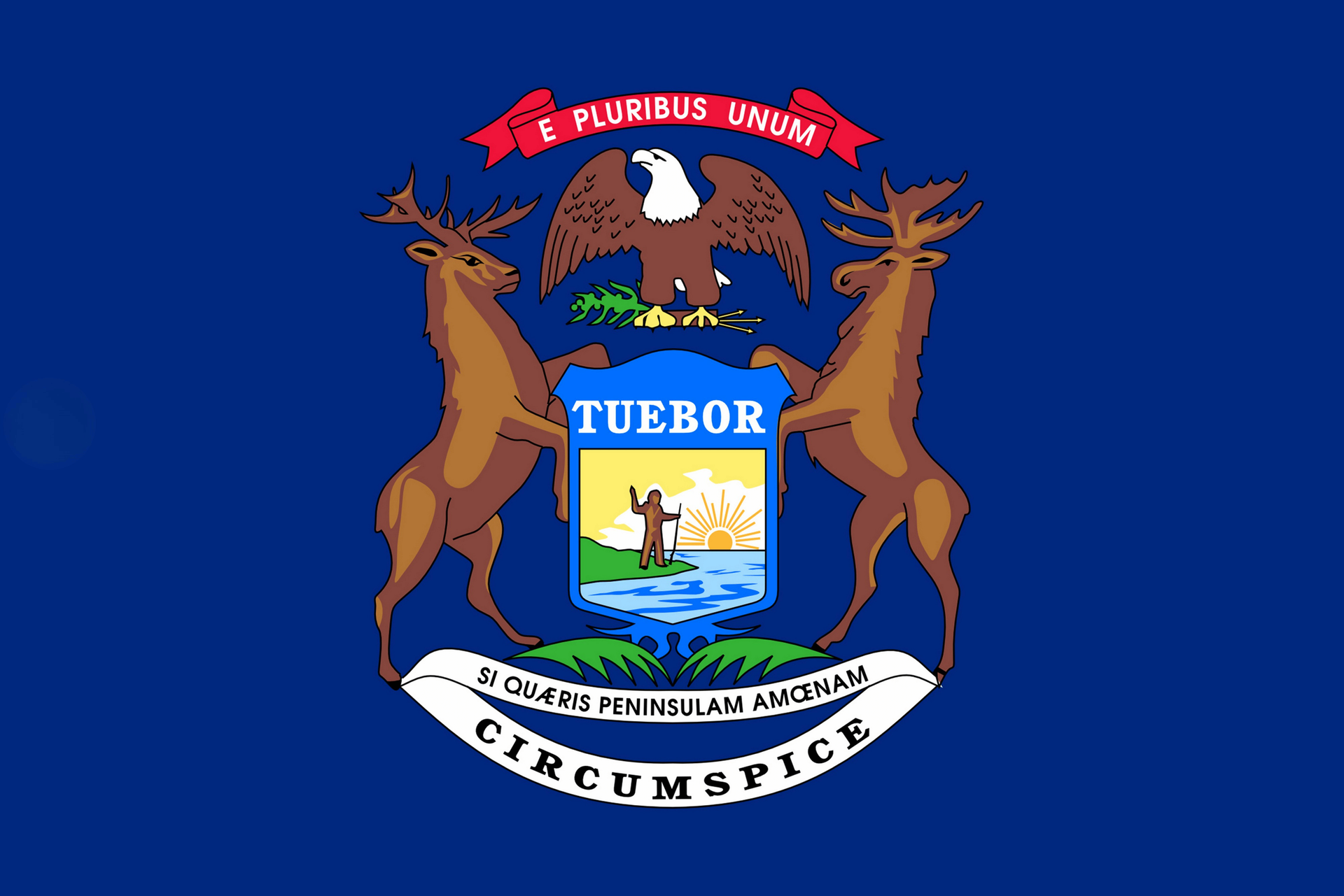 Michigan state seal on a blue background with an eagle, deer, moose, elk, and the motto “Tuebor.”