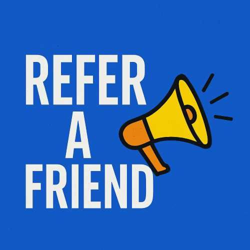 Blue “Refer a Friend” graphic with a yellow megaphone icon and white text.