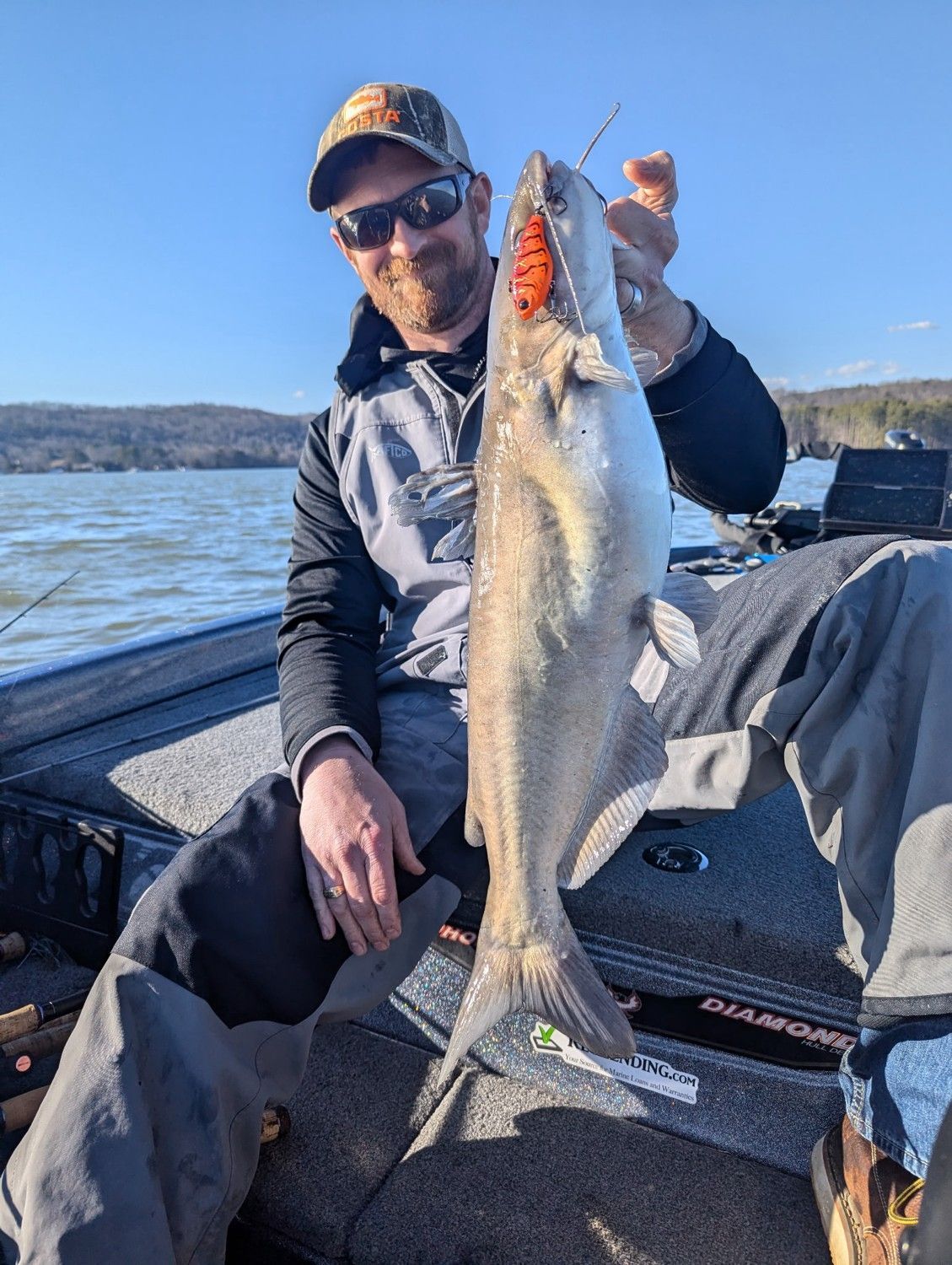 Man on a boat holding a large fish on a lake, wearing a cap and sunglasses.