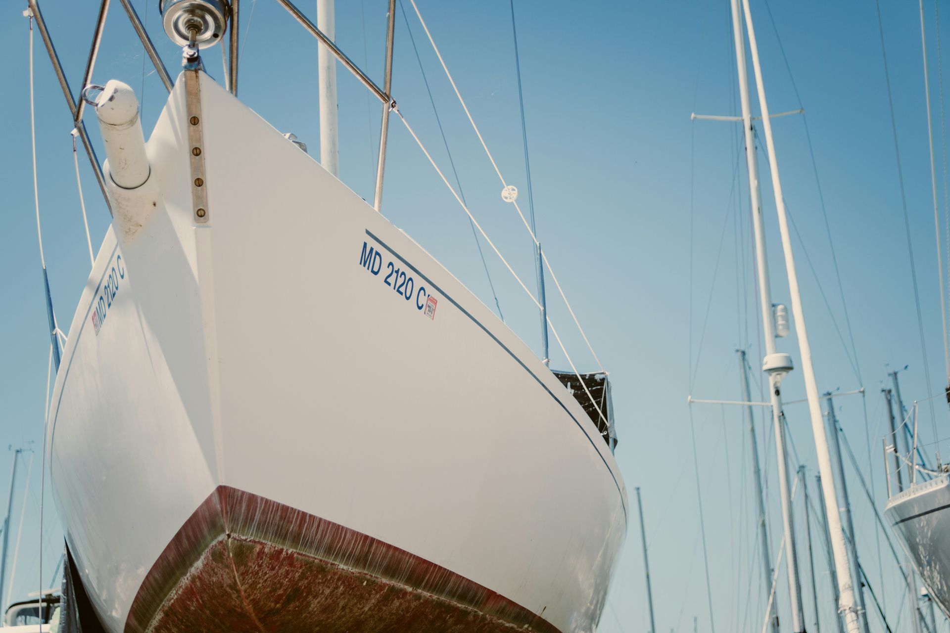White sailboat at a dock in Annapolis, Maryland