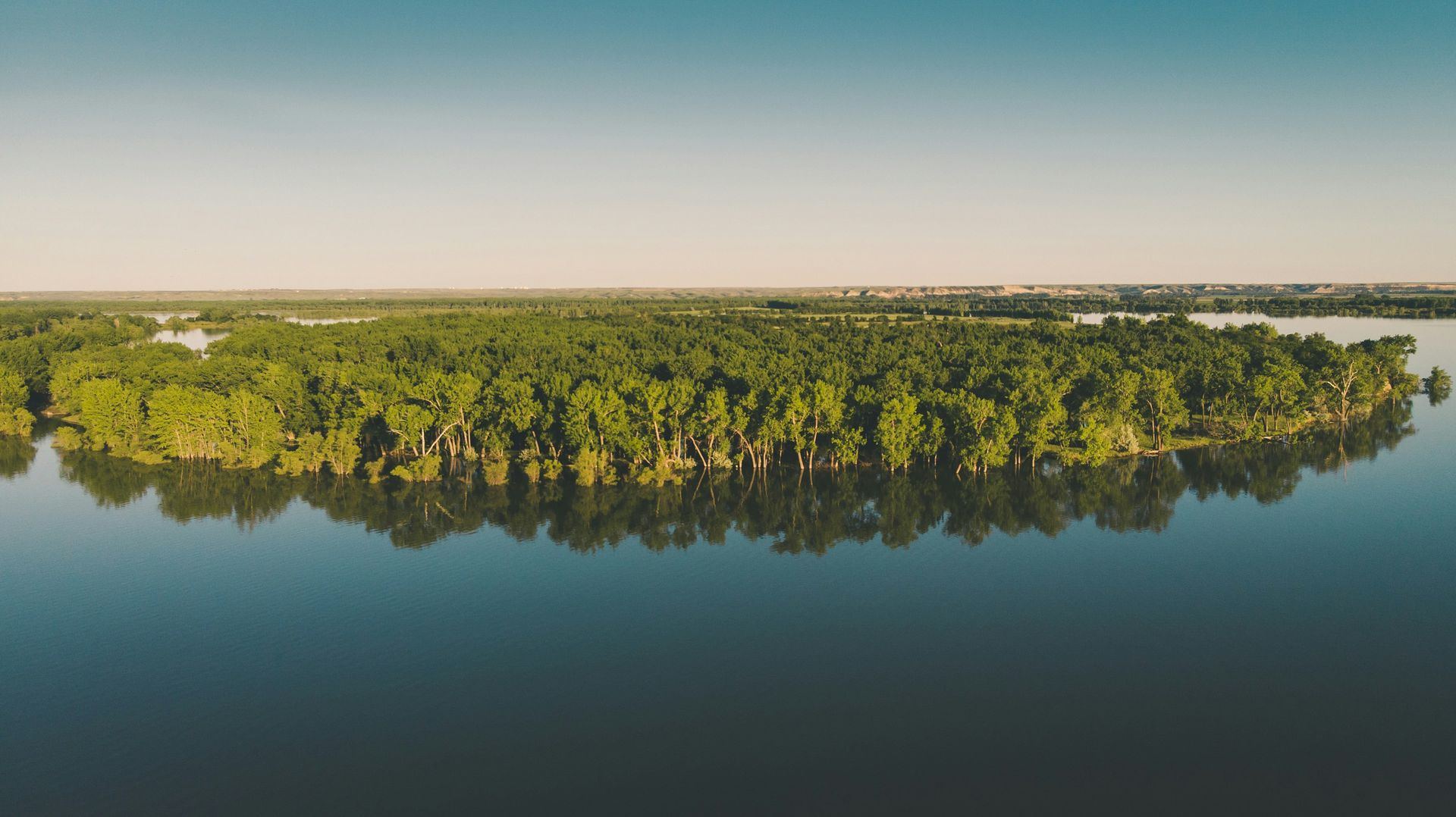 Aerial view of a small island in the reservoir near New Town, North Dakota