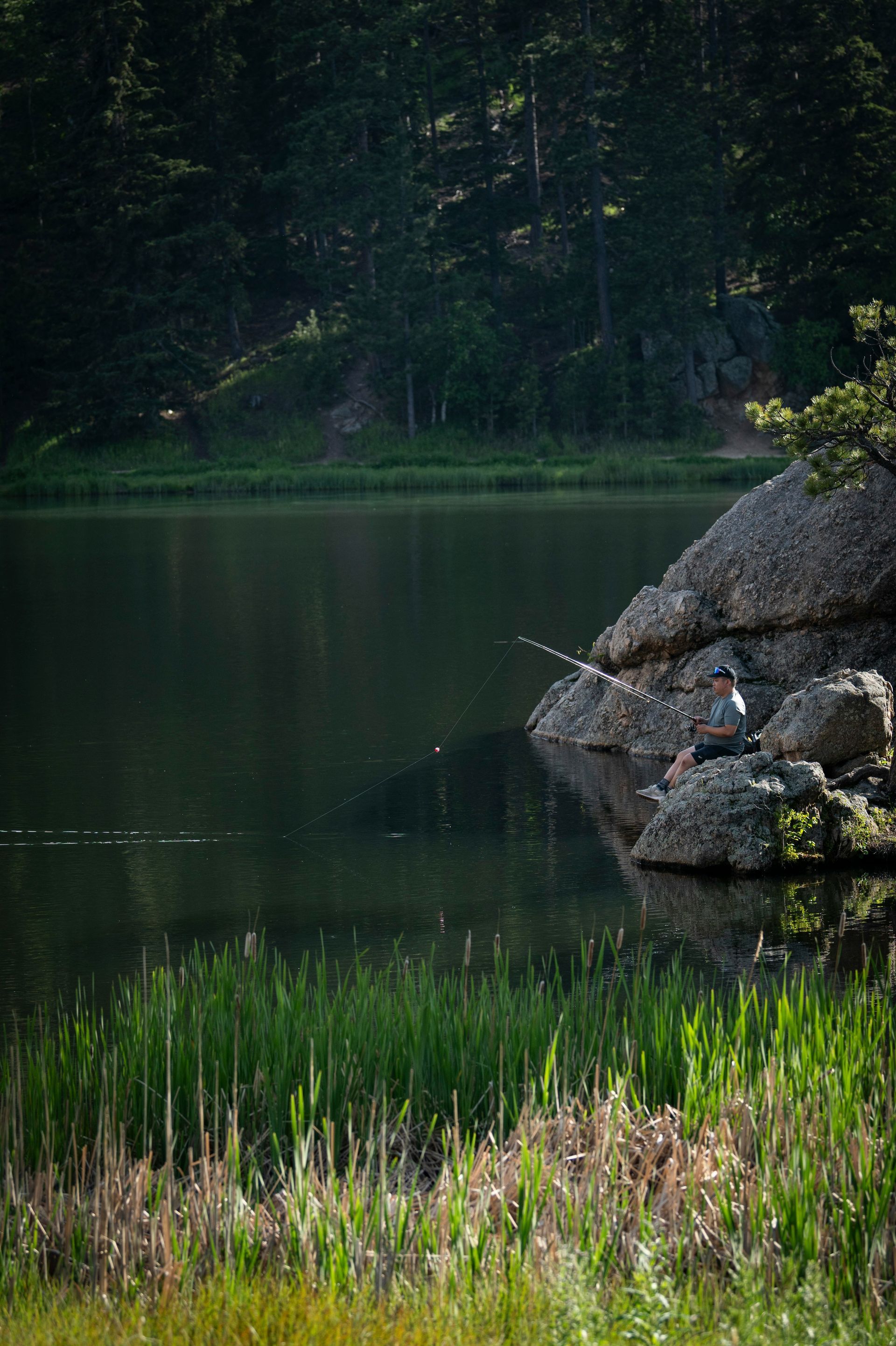 Angler fishing on a lake in the Black Hills of South Dakota