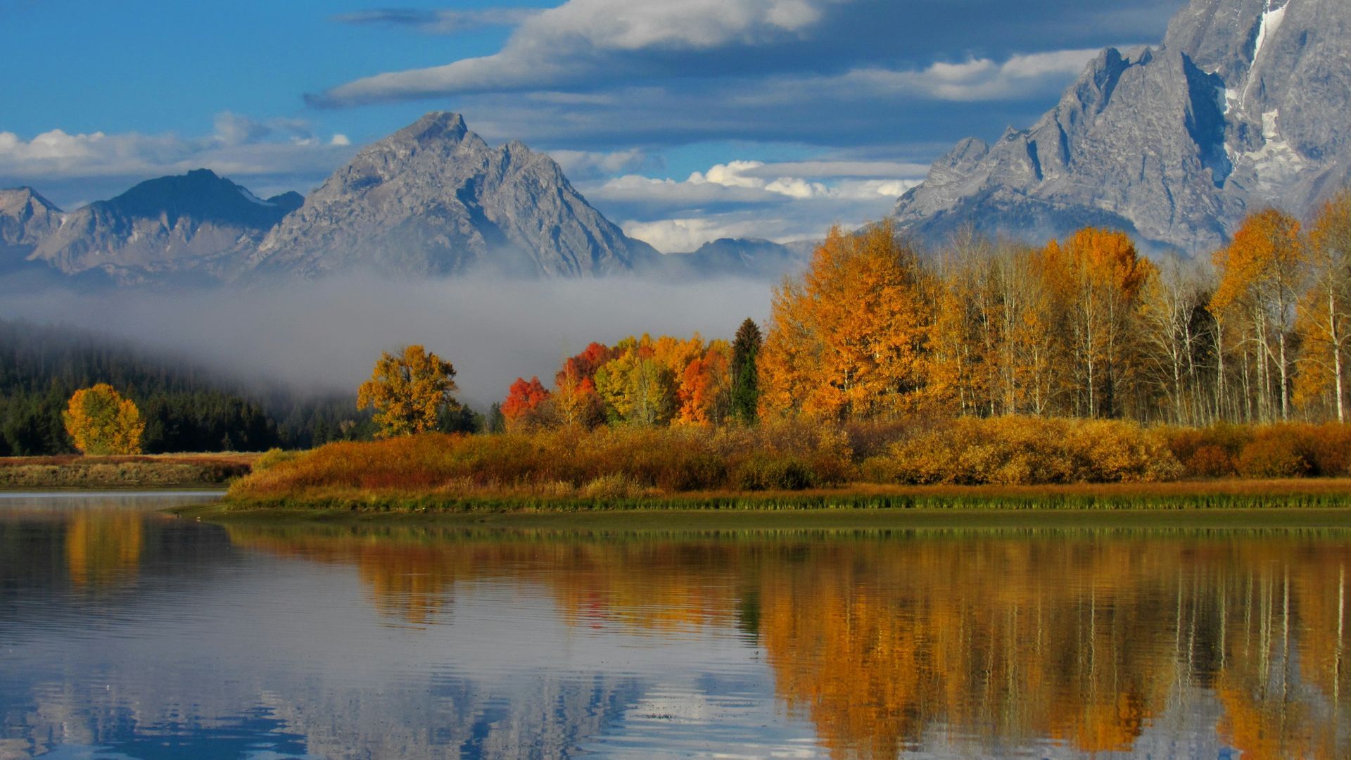 Autumn aspens reflected at Oxbow Bend in Grand Teton National Park, Wyoming