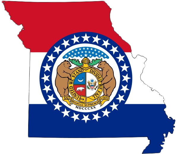Map outline of Missouri filled with the U.S. and Missouri state flags and seal.