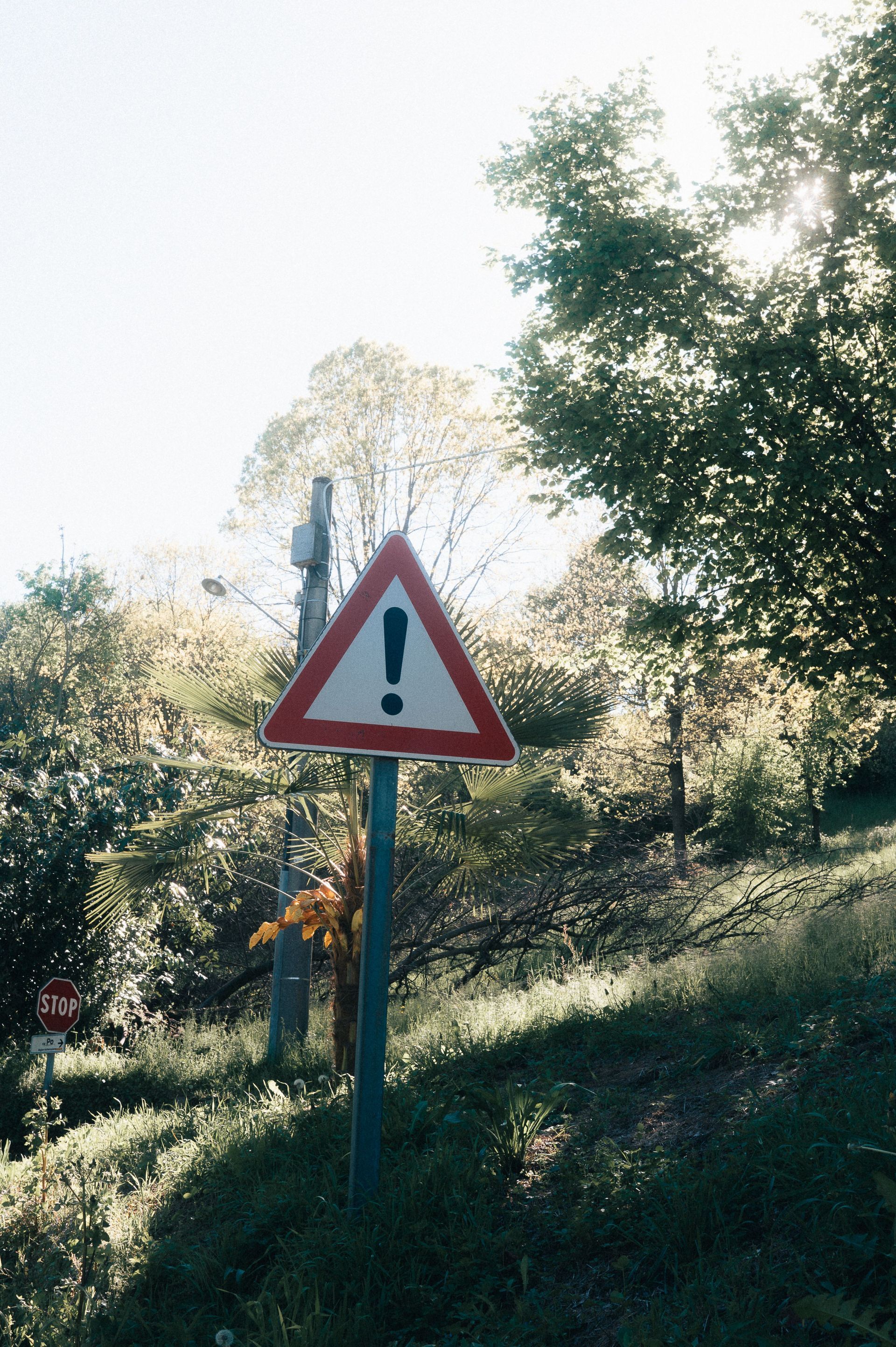 Warning sign with exclamation mark on a post beside a wooded path.