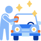 Person washing a blue car with a sponge, with sparkles indicating a clean vehicle.