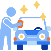 Person washing a blue car with soap, with sparkles showing it’s clean