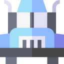 Stylized blue and white castle or tower icon with flags