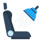 Shower chair under a blue showerhead spraying water